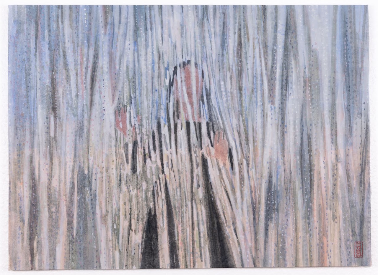 반짝이는 커튼 사이 (Between the glittering curtains) — hanji painting by Kim Hye Jung